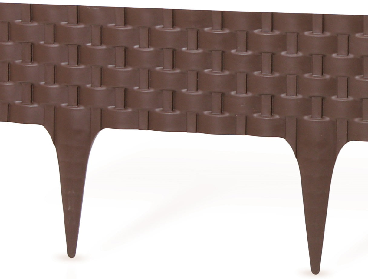 Brown plastic lawn edging with rattan-style texture and pointed stakes