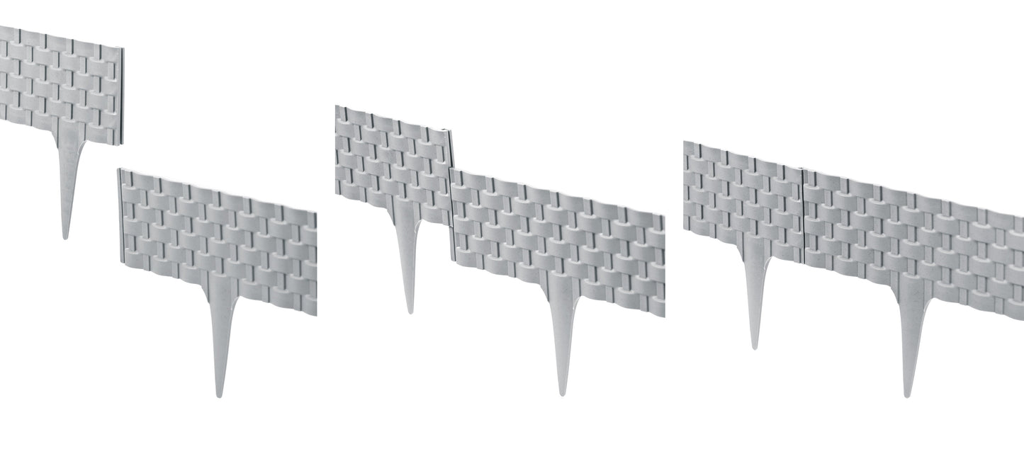 Grey plastic lawn edging with rattan-effect weave and pointed support spikes