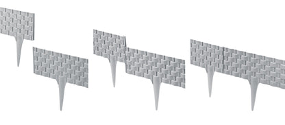 Grey plastic lawn edging with rattan-effect weave and pointed support spikes