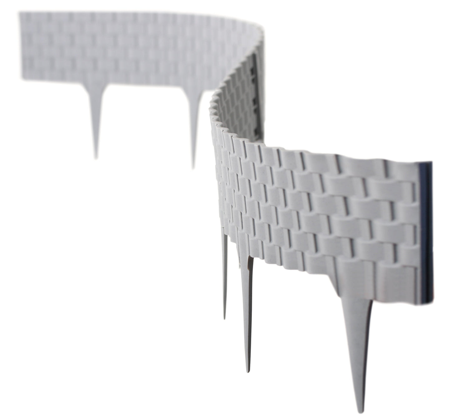 Grey plastic lawn edging with rattan-style texture and corner post connection