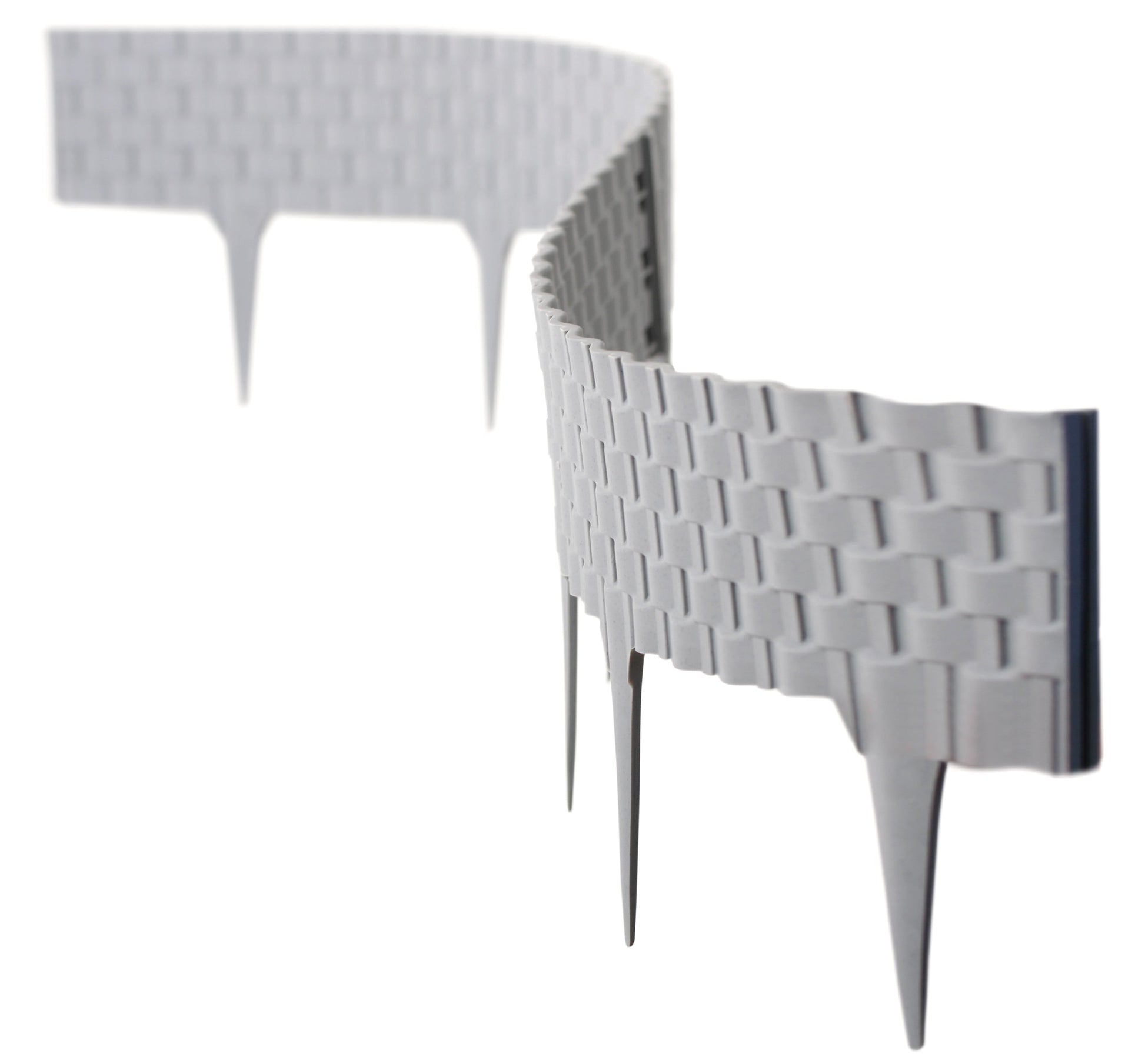 Grey plastic lawn edging with rattan-style texture and corner post connection