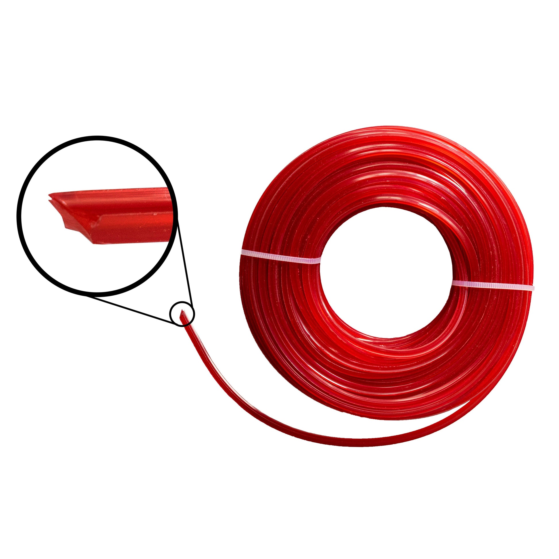 Red star shaped trimmer line spool with pointed end close-up, 2.4mm 15m