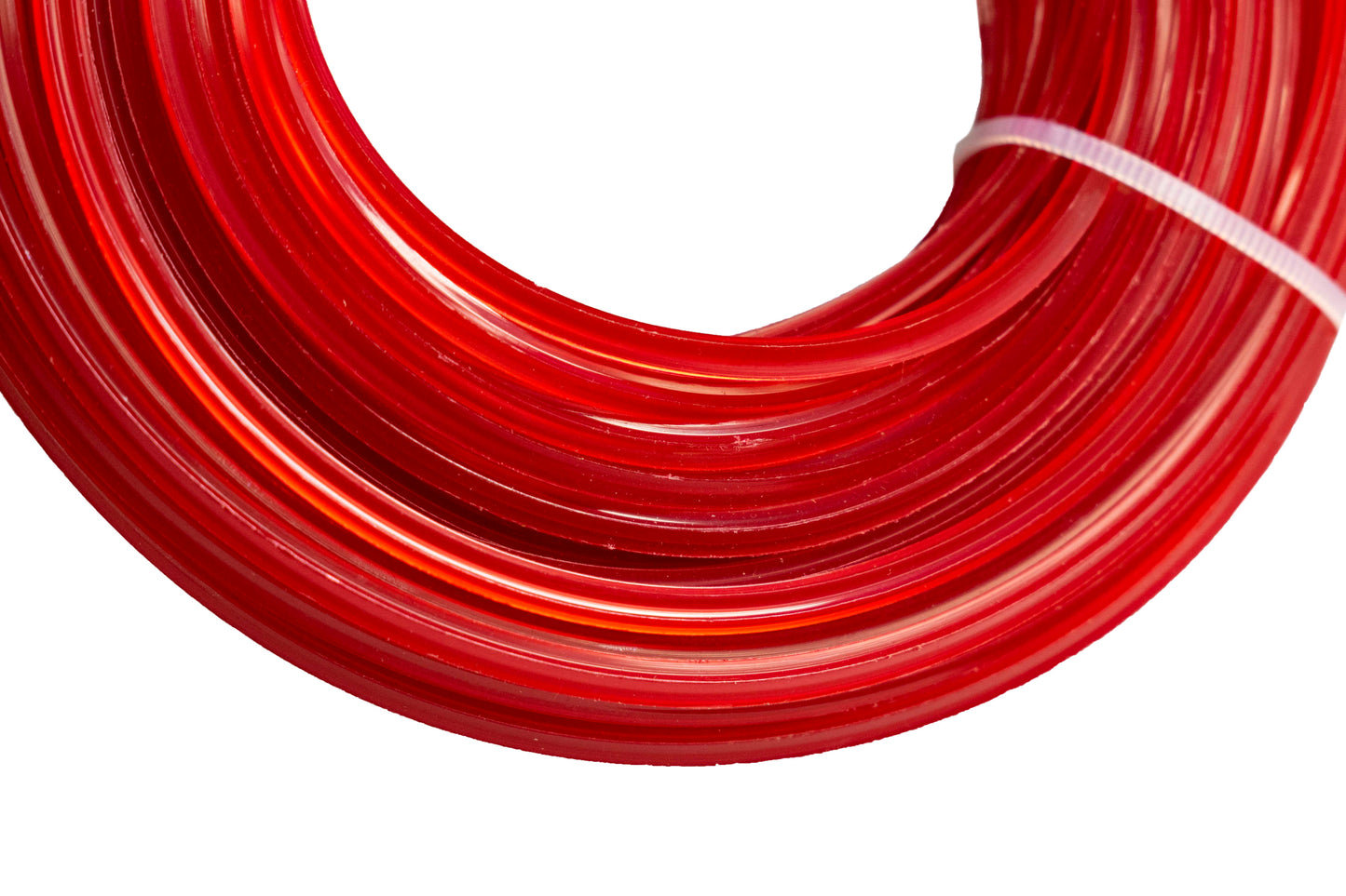 Red 2.4mm star trimmer line coiled on spool with ridged strand profile
