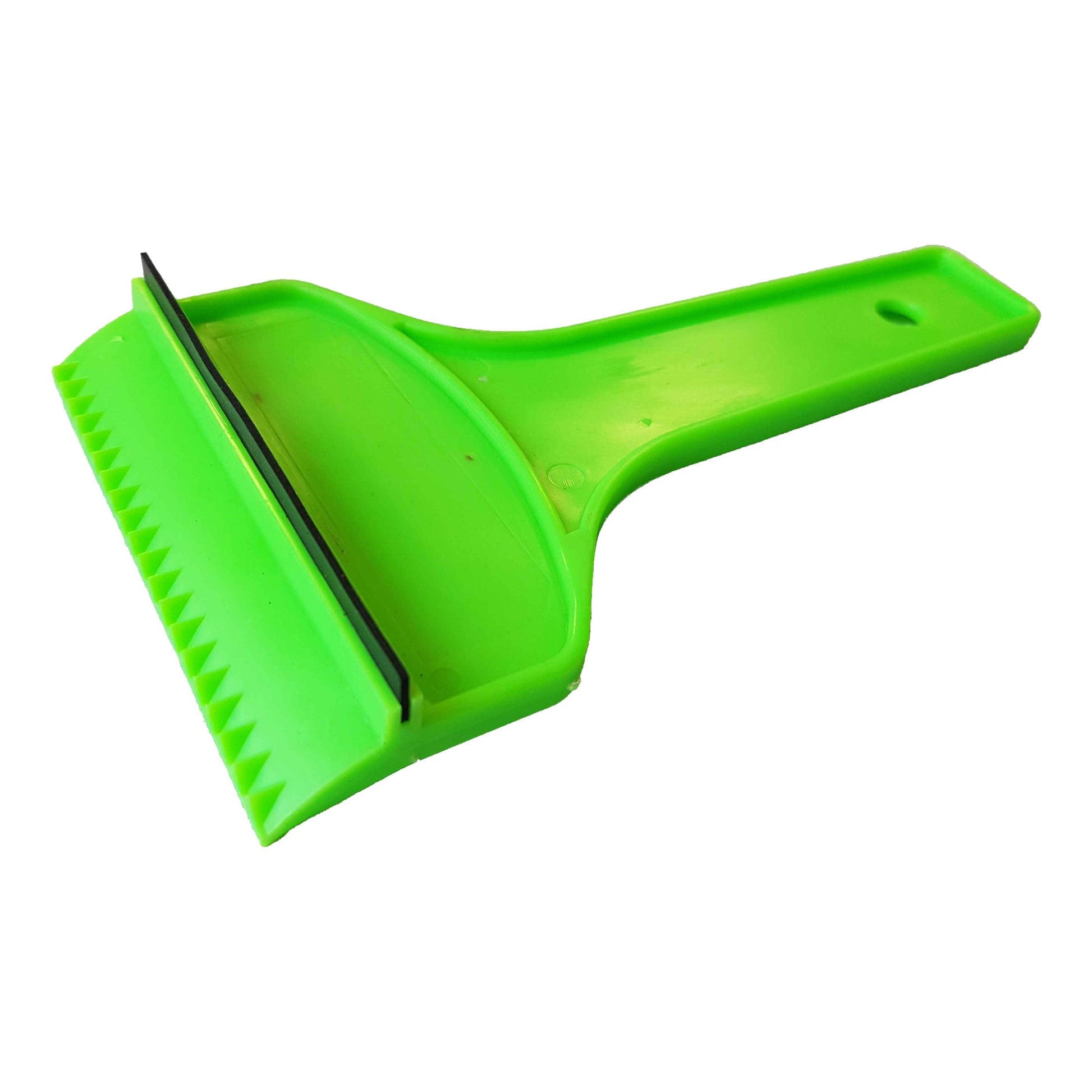 Green ice scraper head with dark blade and textured grip for removing ice