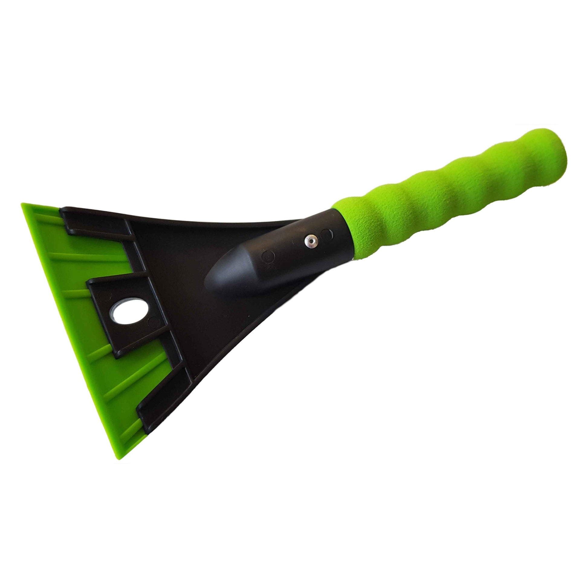 Window scraper with green/black angled blade and circular hole