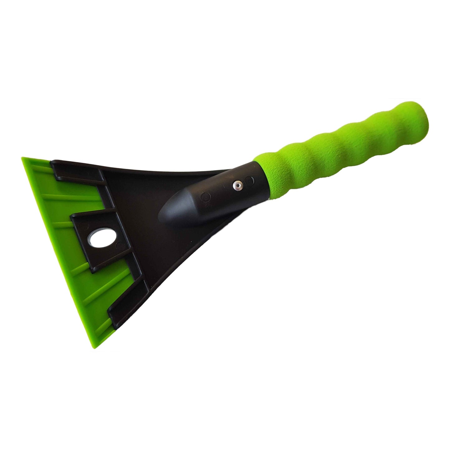 Ice scraper with green foam handle and triangular black blade