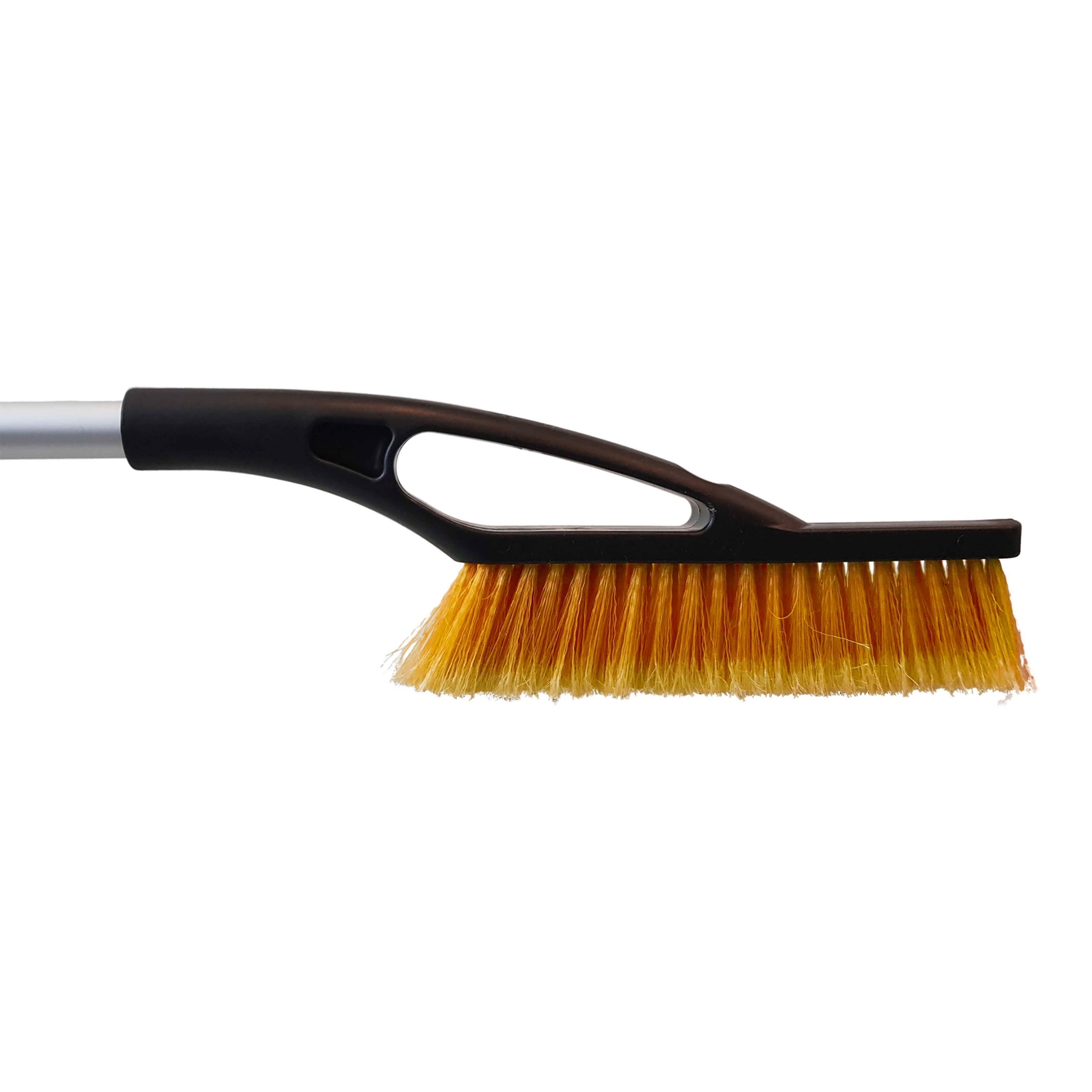 Telescopic snow brush head with dense orange bristles on black handle