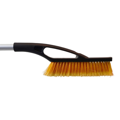 Telescopic snow brush head with dense orange bristles on black handle