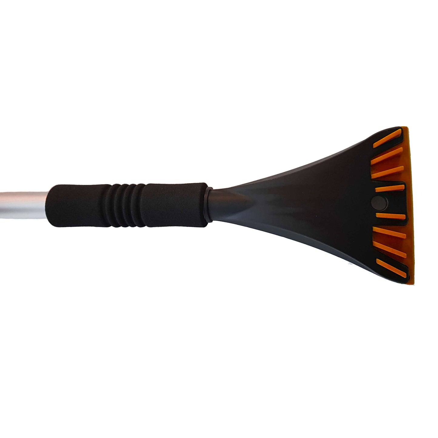 Ice scraper blade on black telescopic handle with orange edge grips