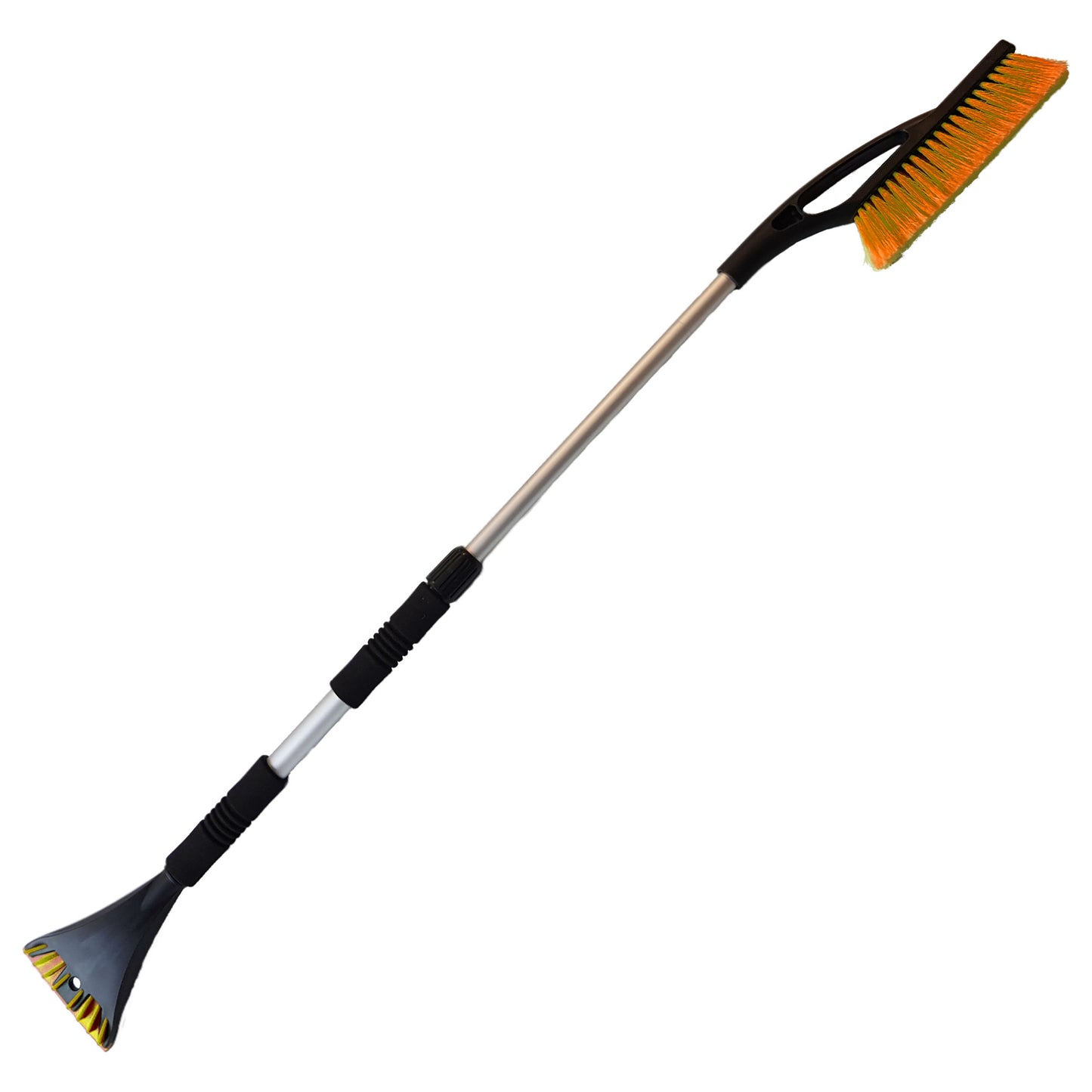 Orange-tipped snow brush with black handle and extendable silver pole