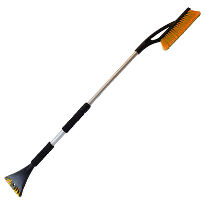 Orange-tipped snow brush with black handle and extendable silver pole