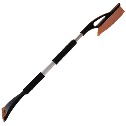 Ice scraper with brown blade and orange trim on black telescopic pole