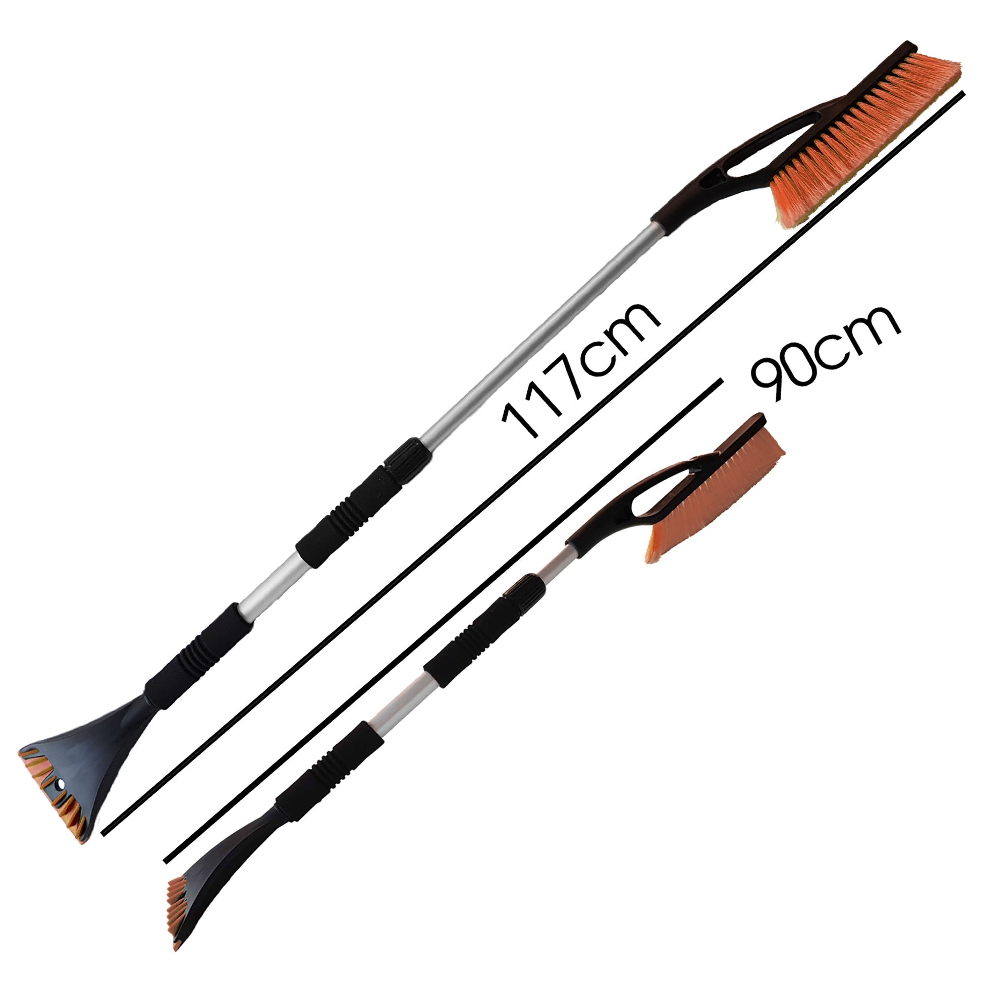 Telescopic snow brush and ice scraper showing extended lengths 117cm and 90cm