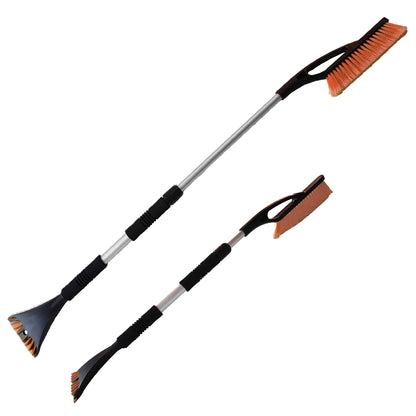 Telescopic snow brush and ice scraper set with orange bristles and brown blade