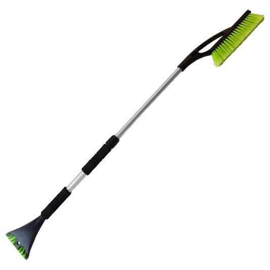 Snow Brush + Ice Scraper Ergo, long handle with green bristle brush head.
