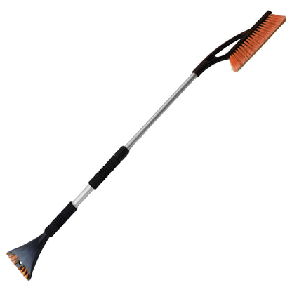 Telescopic snow brush with orange bristle head and blue ice scraper edge