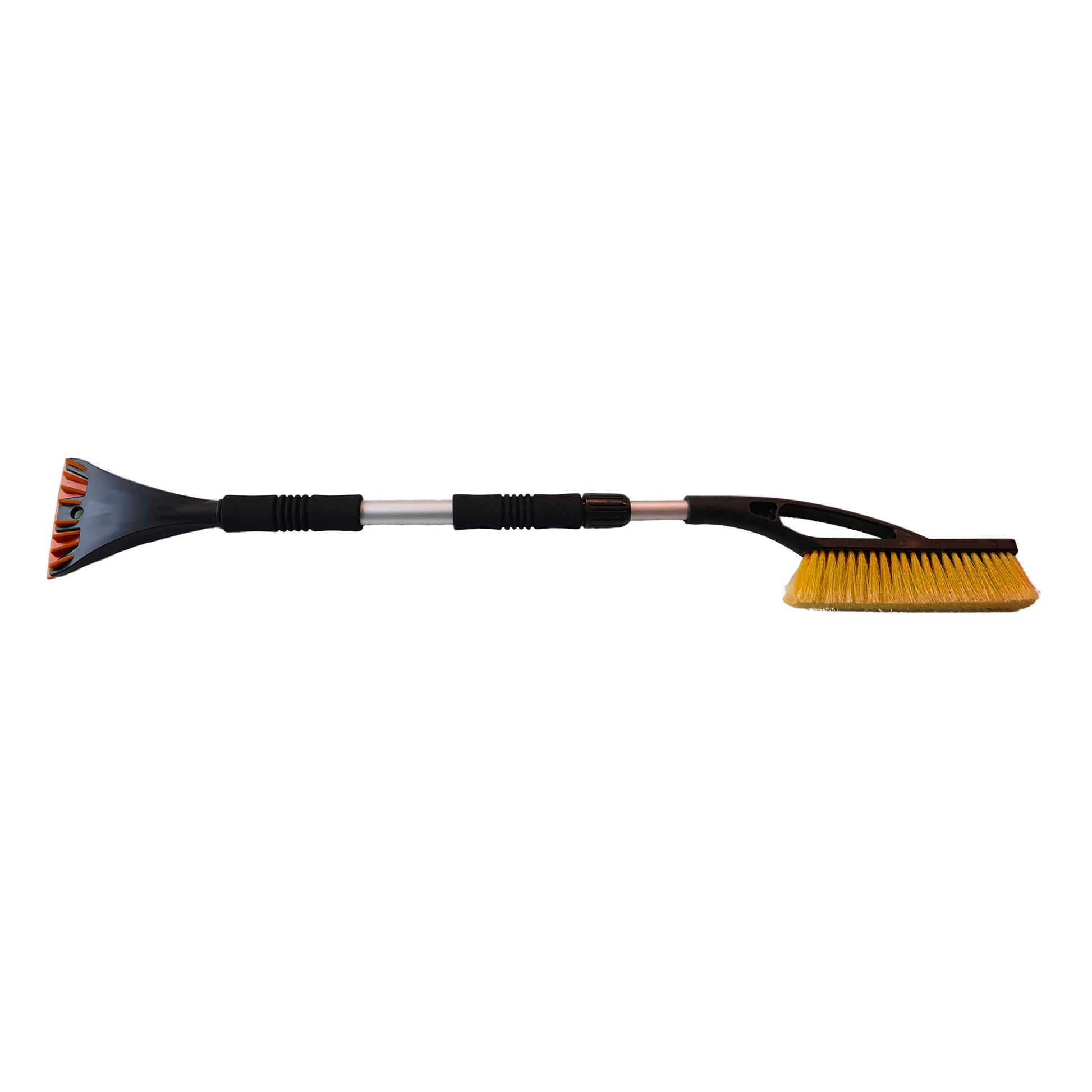 Telescopic snow brush with orange bristles and blue triangular ice scraper