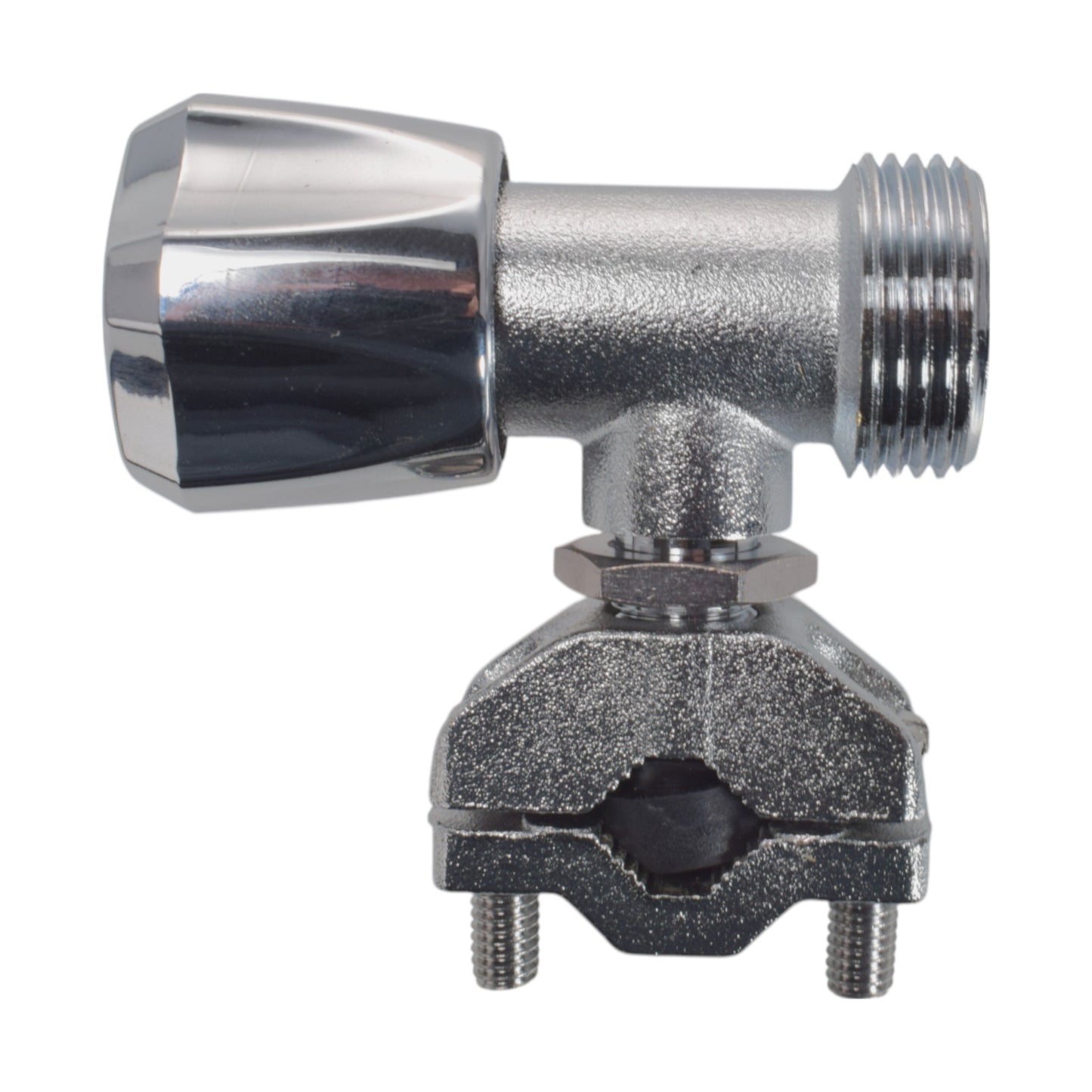 Bib tap valve with threaded outlet and clamp for hose connection