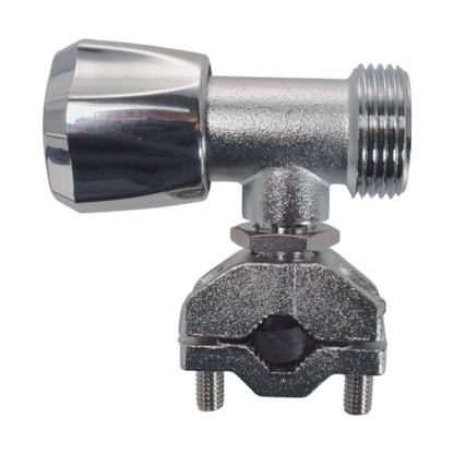 Chrome elbow connector with clamp and threaded male fitting for pipe connection