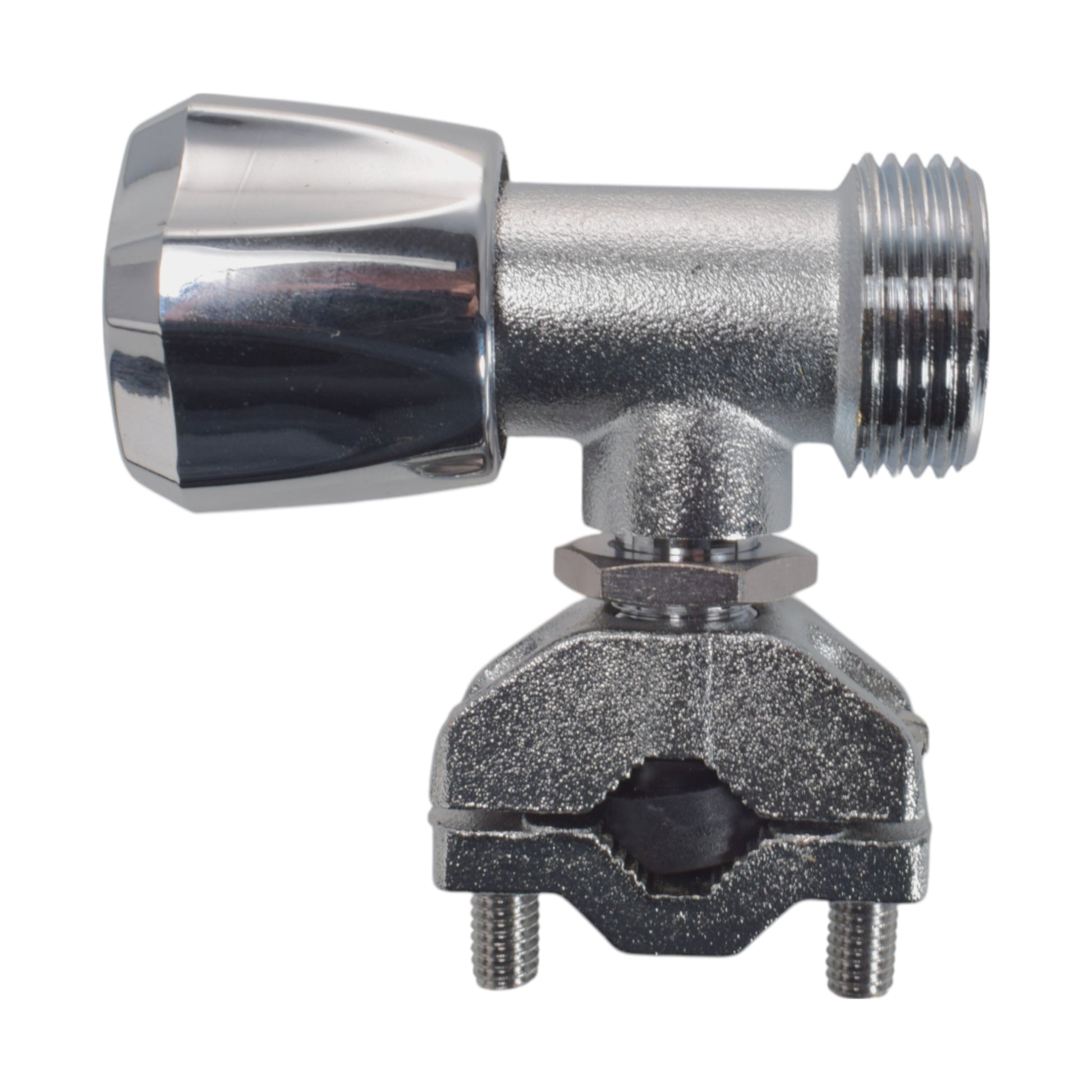 Chrome adapter fitting with central clamp body and threaded outlet connections