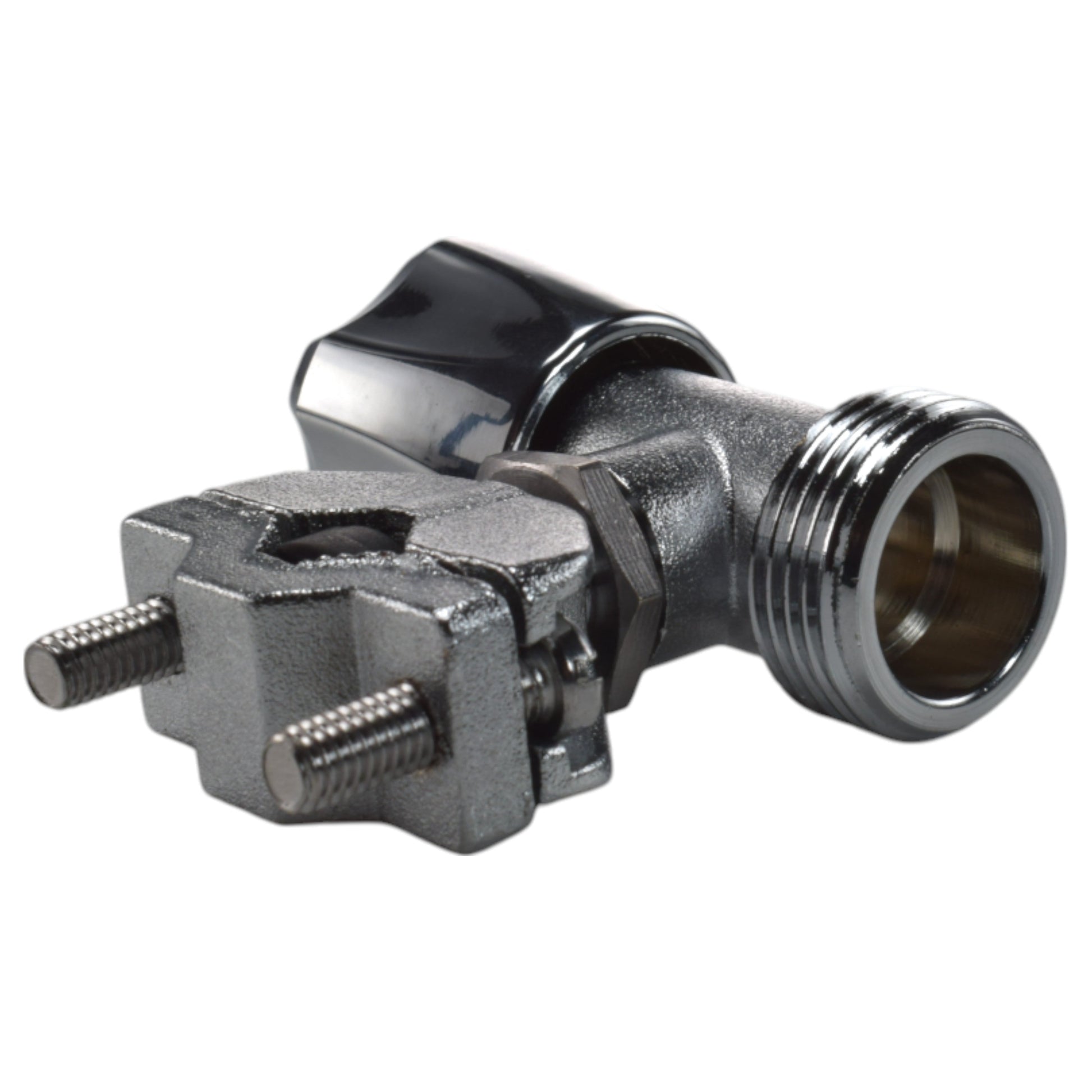 Lever tap connector with black knob and metal threaded outlet
