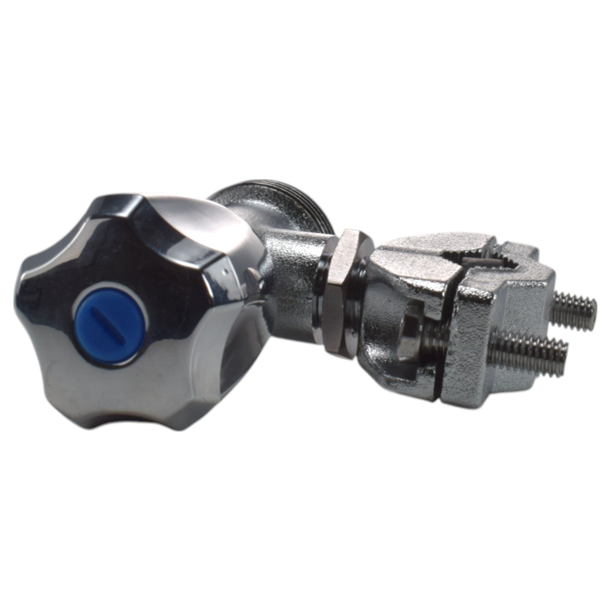 Quick-connect bib tap handle with blue center and male threaded outlet