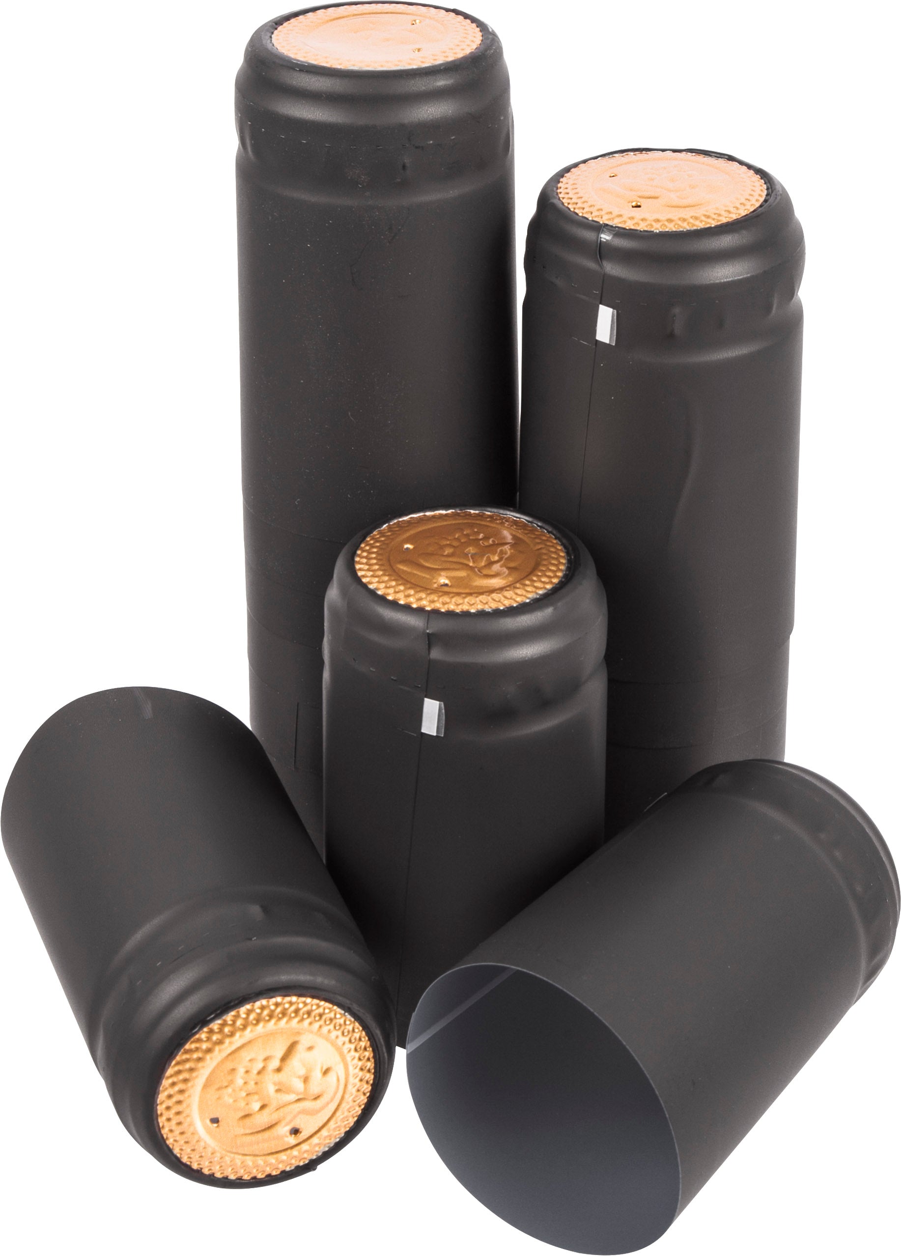 Black shrink cap bottle toppers set with round gold coin seals