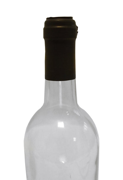 Black shrink cap bottle topper for bottle neck, with gold coin seal