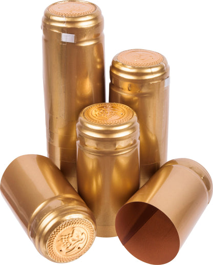 Gold shrink cap bottle toppers set with round coin-style tops