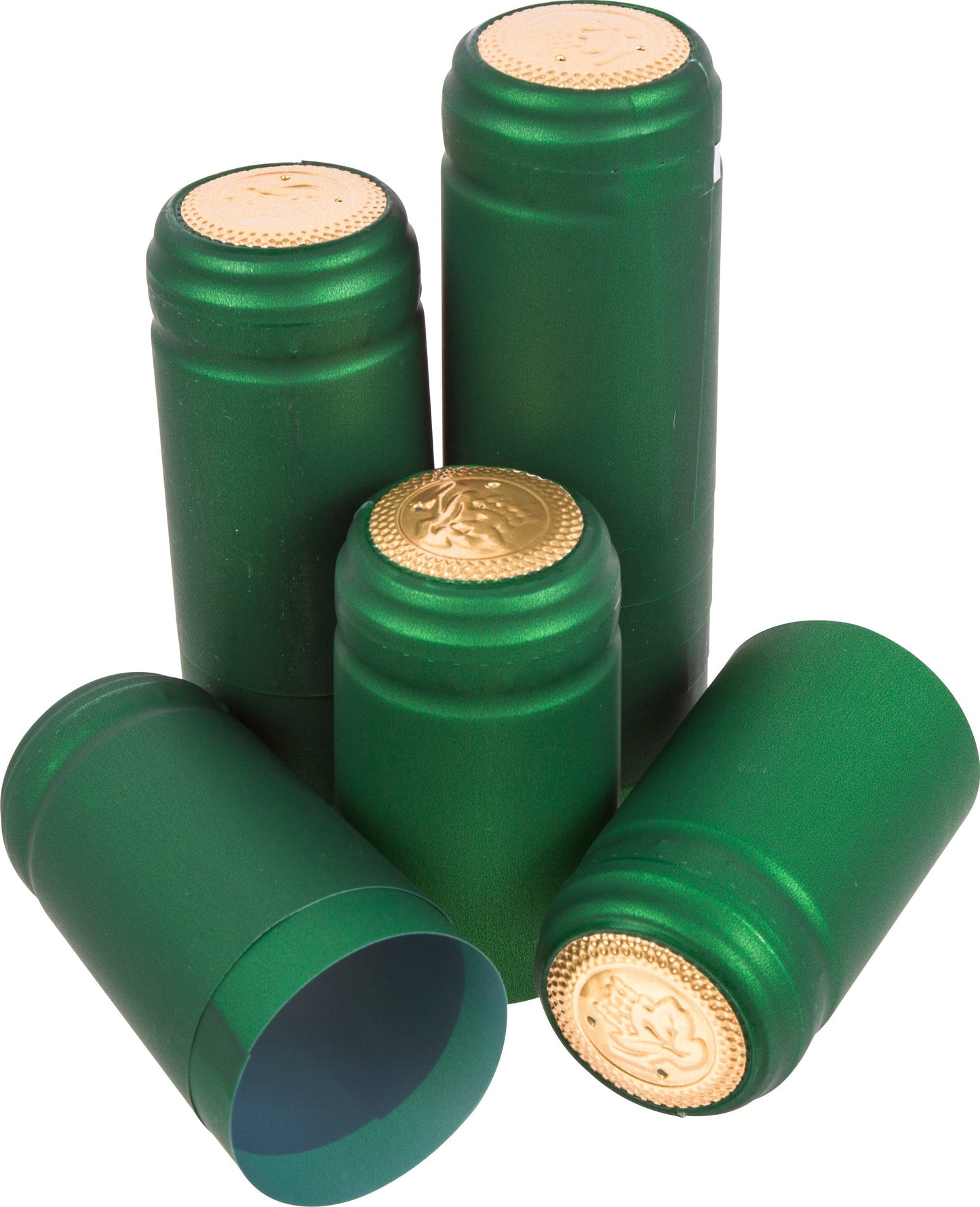 Green shrink cap bottle toppers set with round gold coin seals