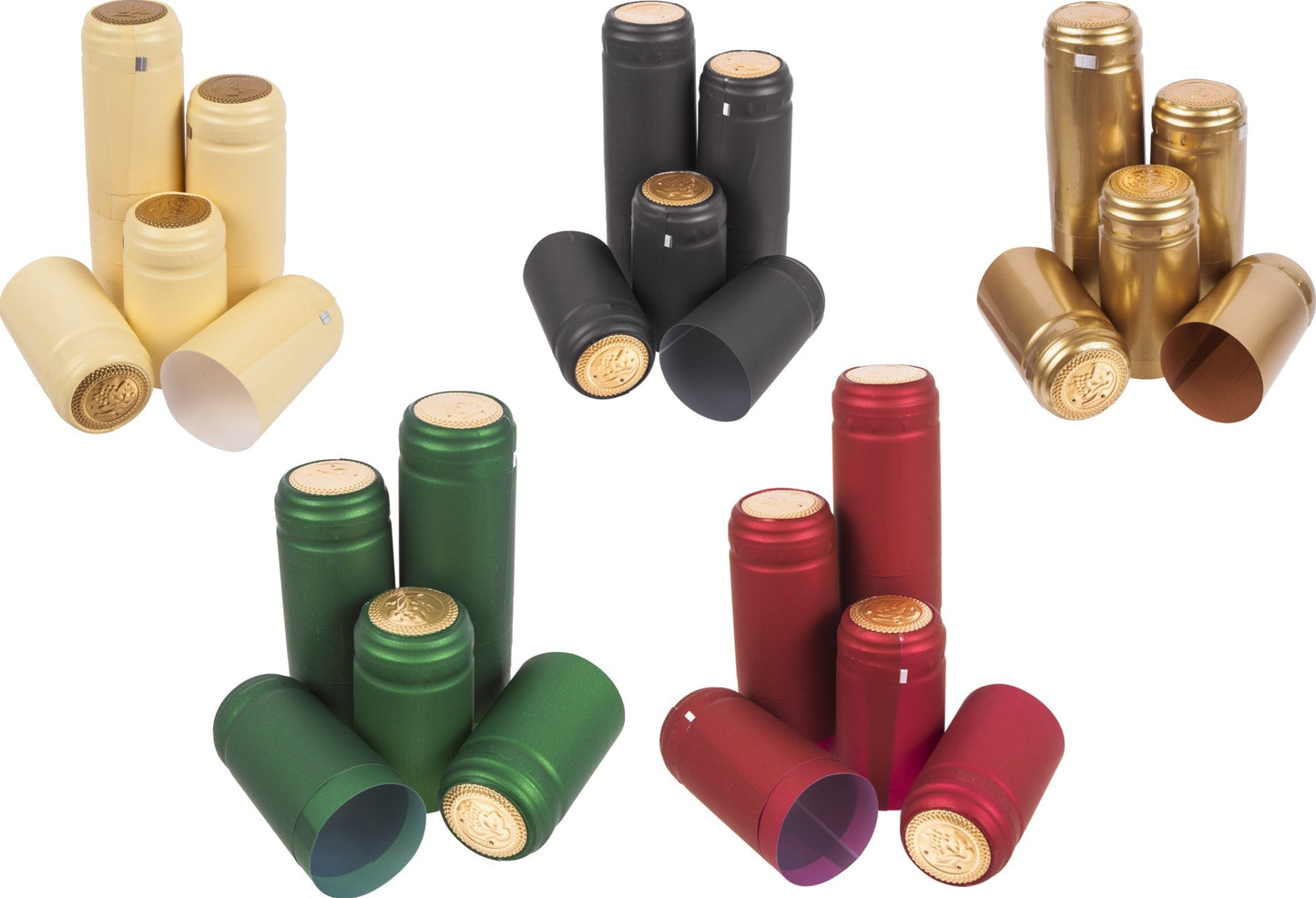 Assorted shrink cap bottle toppers, mixed colors with gold coin tops