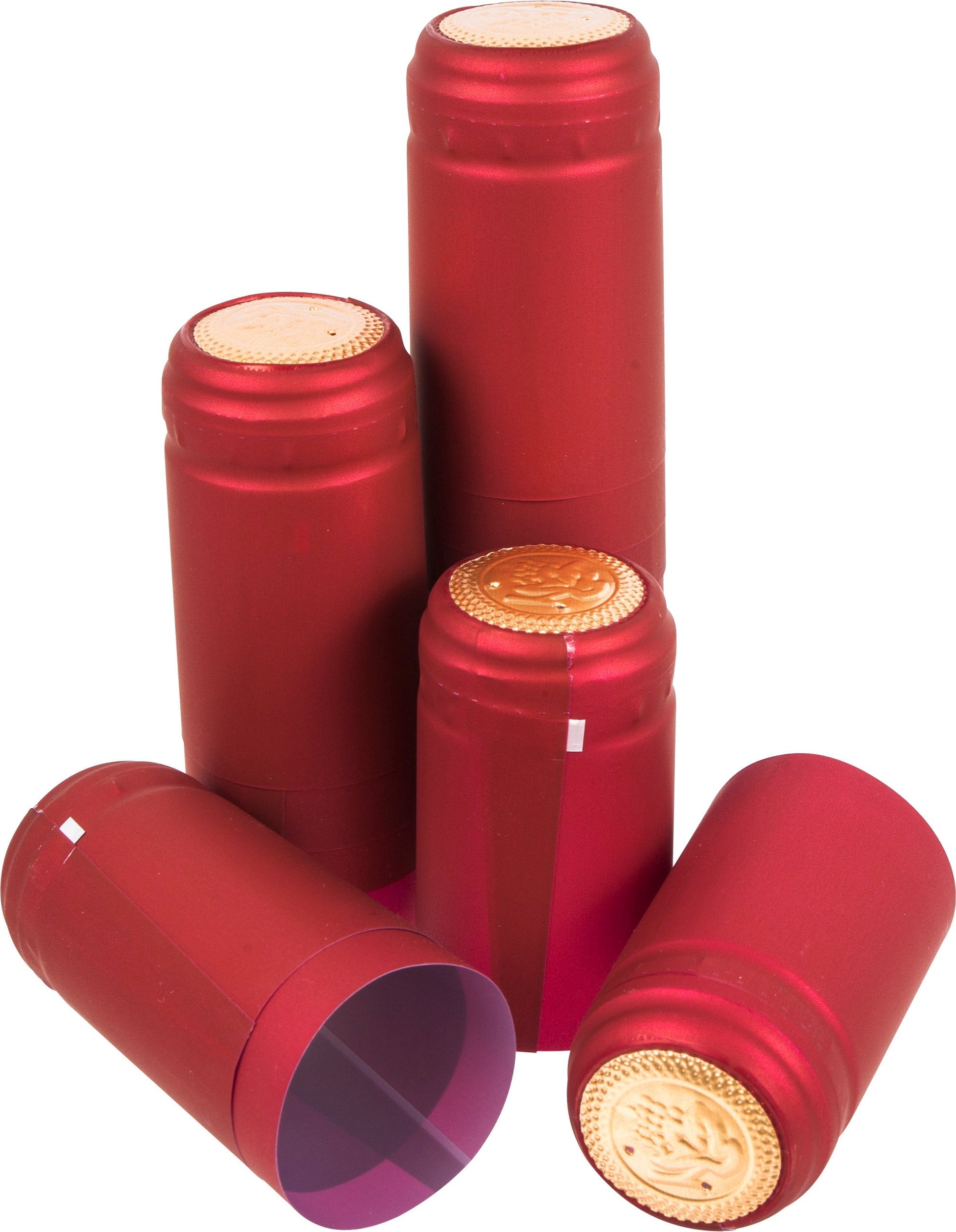 Red shrink cap bottle toppers set with round gold coin seals