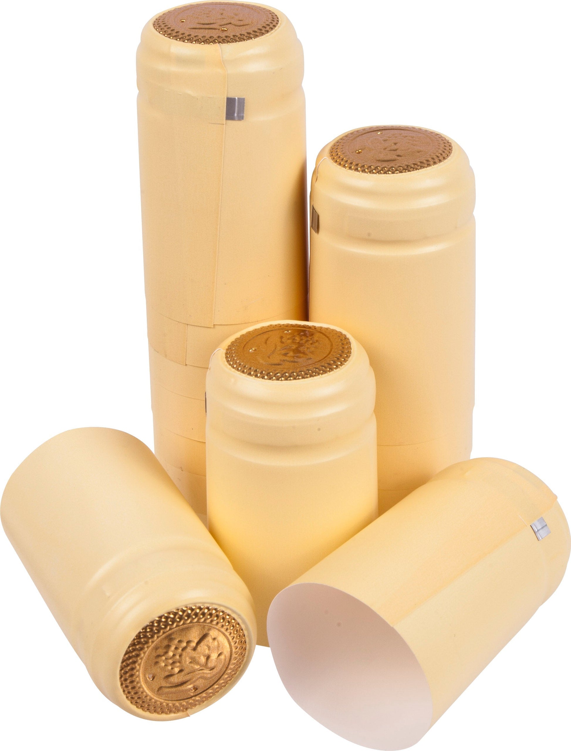 Cream shrink cap bottle toppers set with round gold coin seals