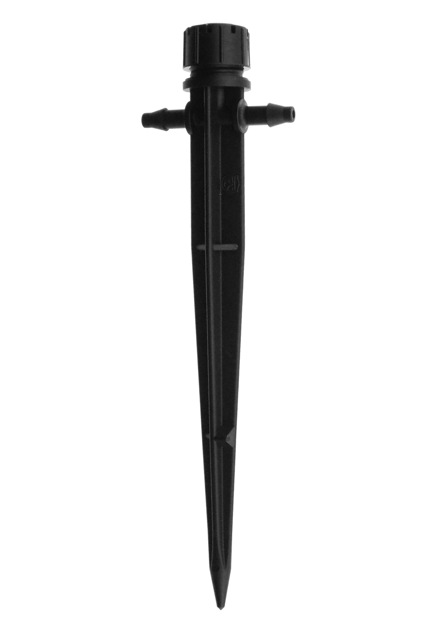 Upright black plastic sprinkler stake with top connection and pointed tip