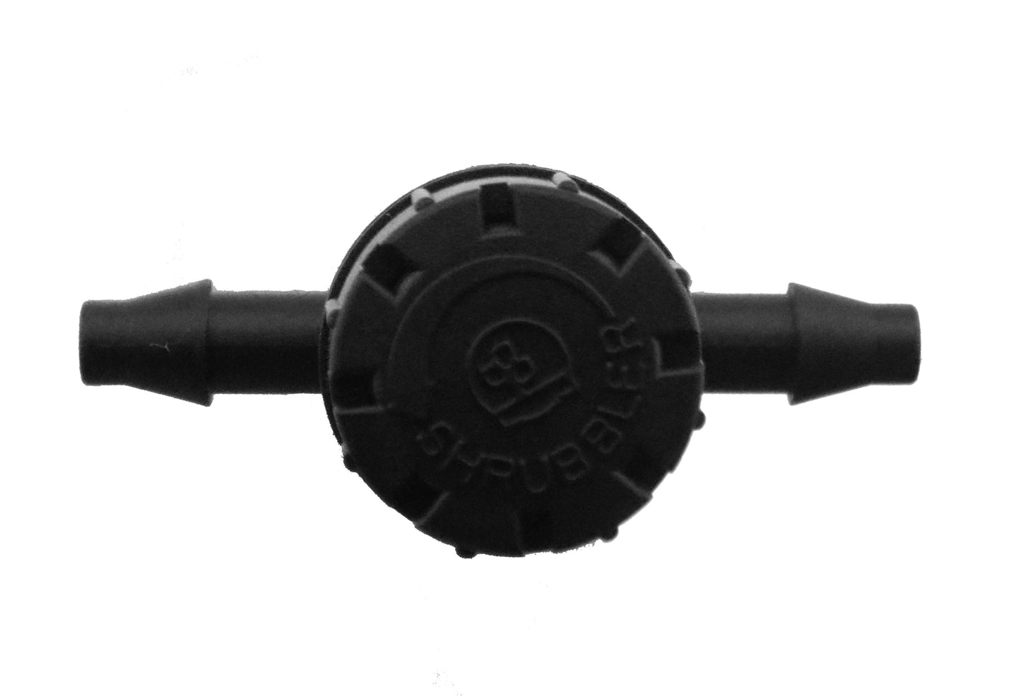 4.5 mm barb valve, underside view with center cap and two barbed tubes