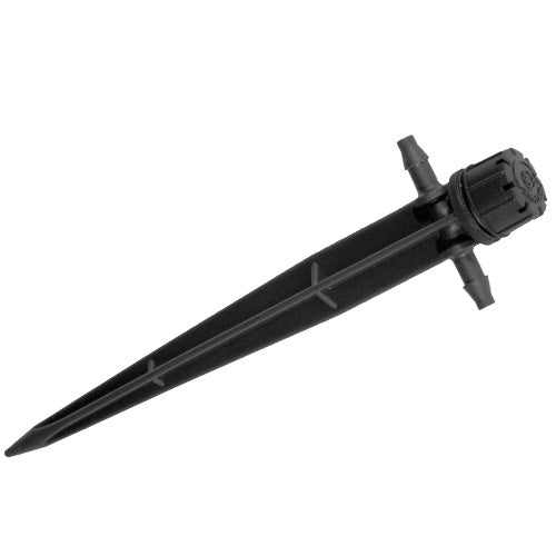 Angled black plastic sprinkler stake with inline connector and small outlets