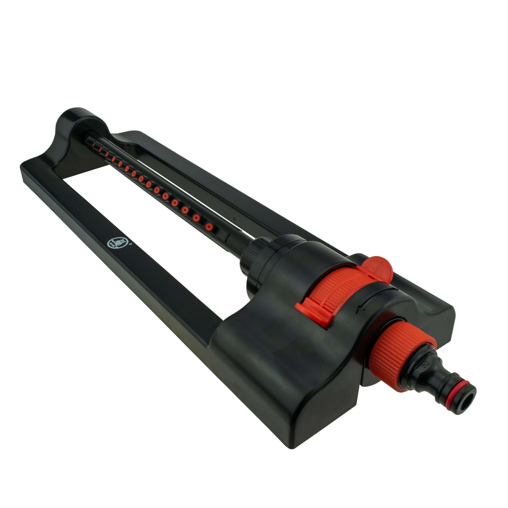 Black/orange oscillating sprinkler with hose connector and red control knob