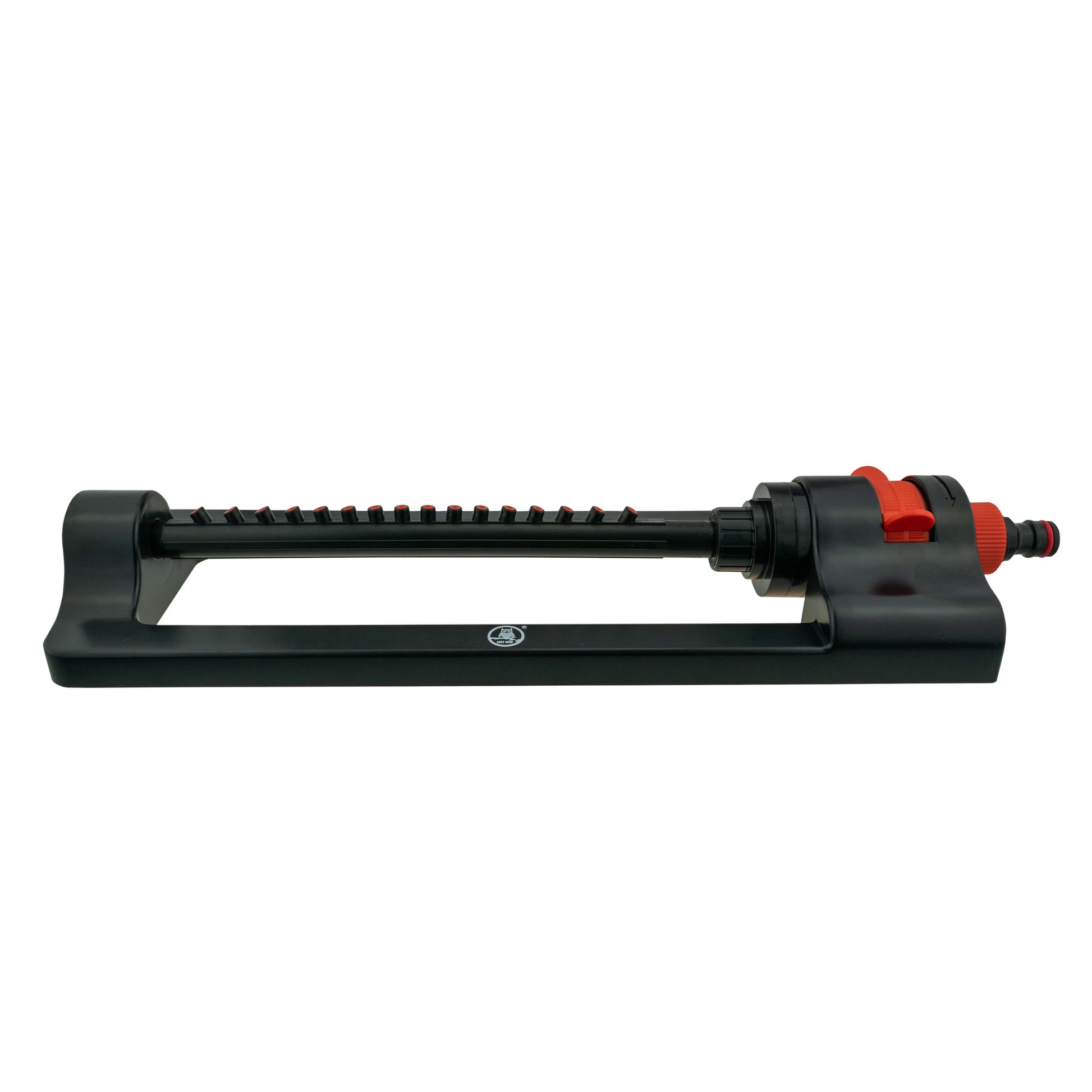 Black oscillating sprinkler body with red-orange dial and rear spray bar