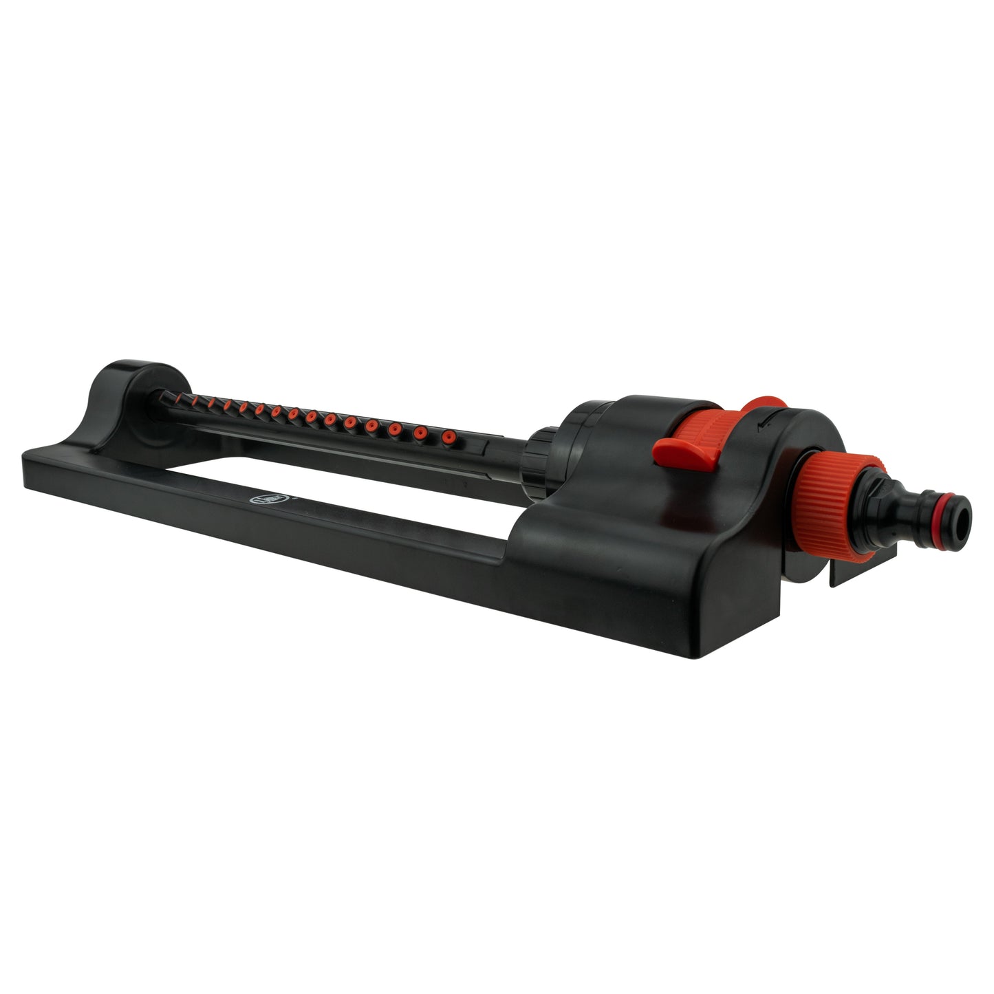 Oscillating sprinkler with base frame and orange control dial on black housing