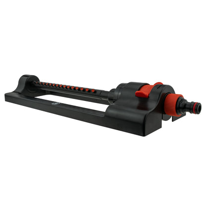 Oscillating sprinkler with base frame and orange control dial on black housing