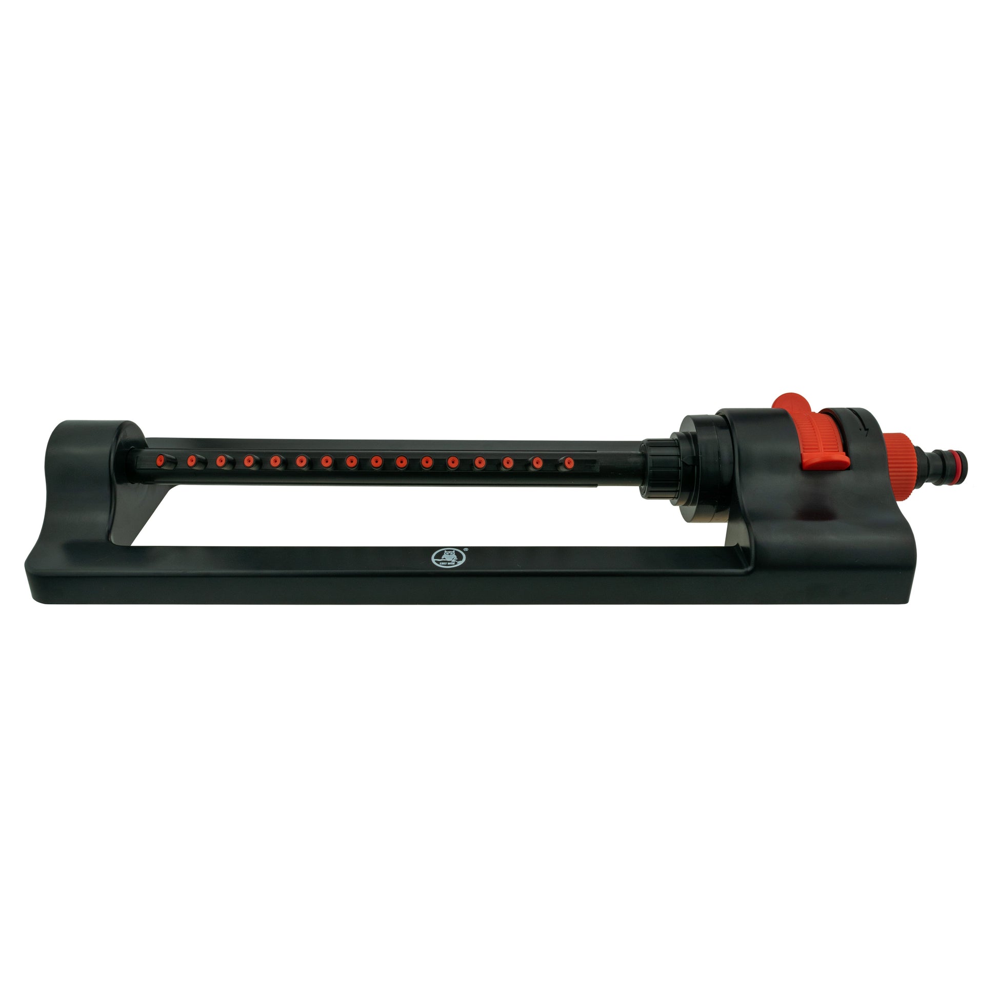Oscillating sprinkler with black frame, orange control ring, and hose connector