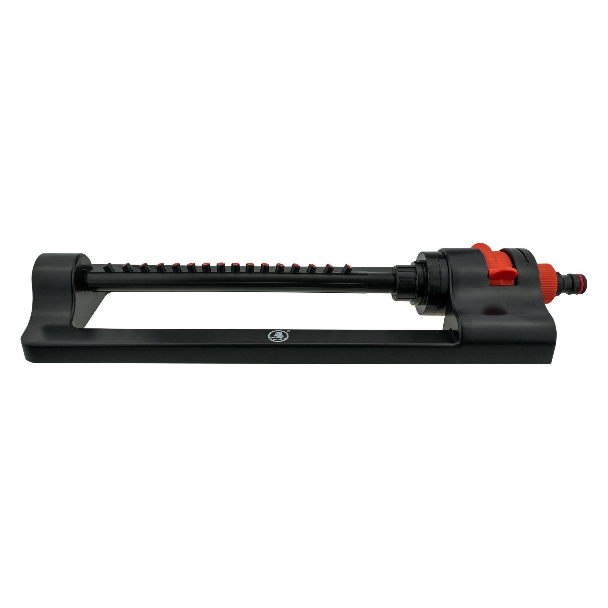 Black oscillating sprinkler with red-orange outlet fitting and spray bar