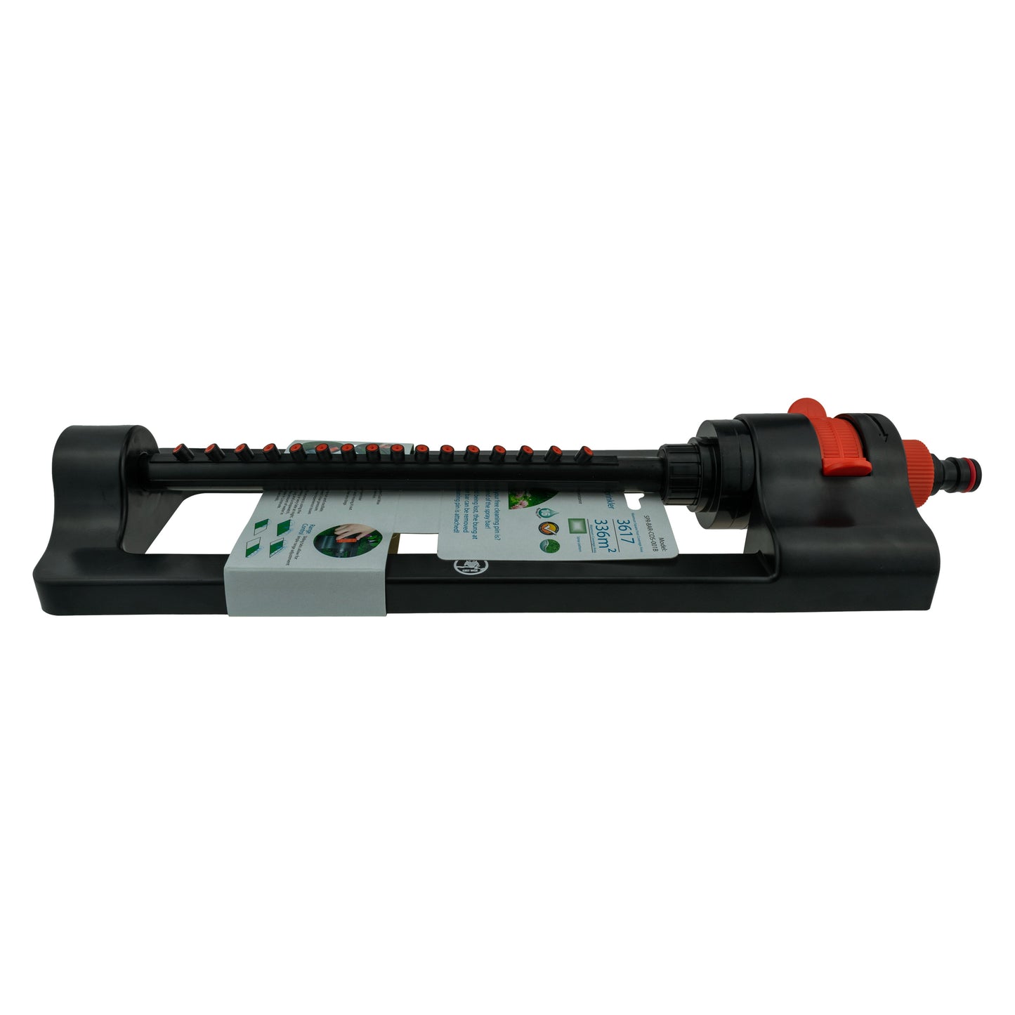 Black oscillating sprinkler with orange end dial and garden hose connector.