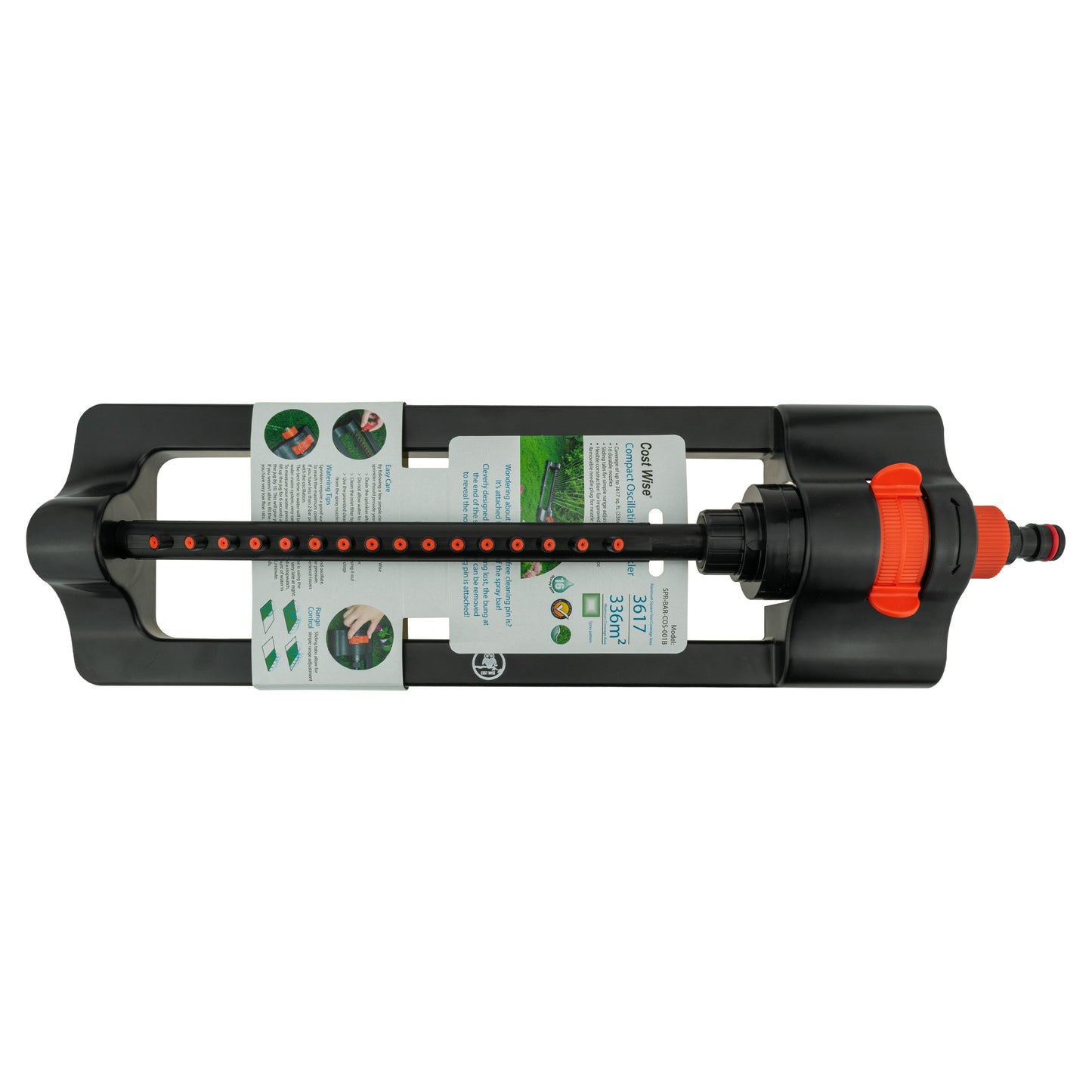 Black oscillating sprinkler with orange dial, front nozzle strip, and instruction labels.