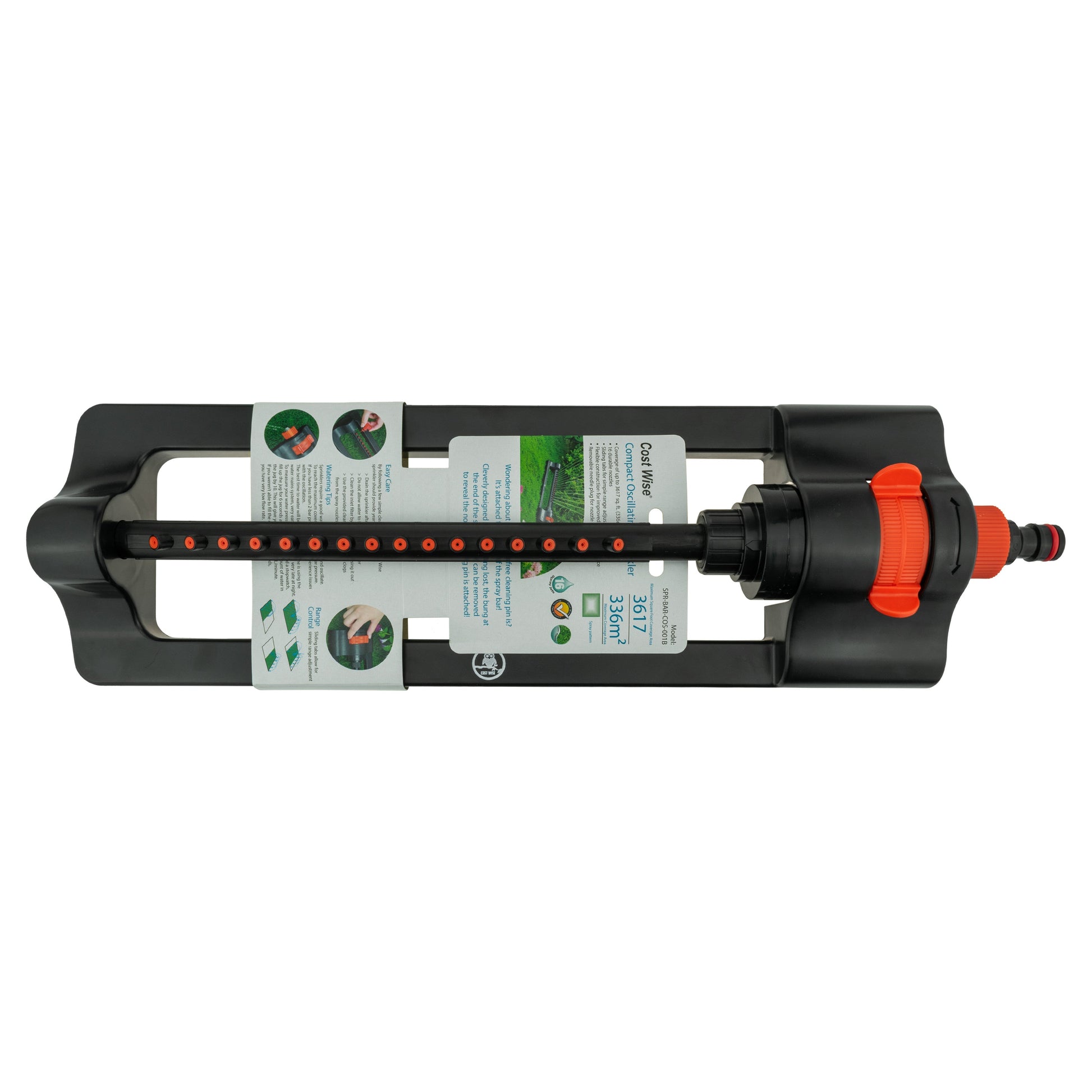 Black oscillating sprinkler with orange dial, front nozzle strip, and instruction labels.
