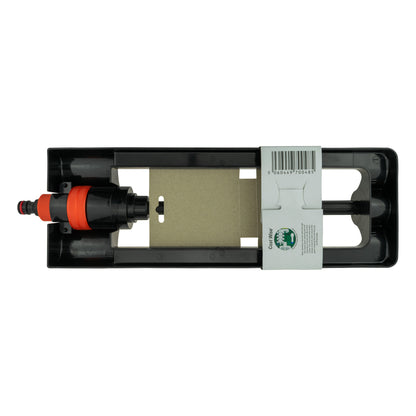 Oscillating sprinkler body in black with orange water outlet and mounting insert.