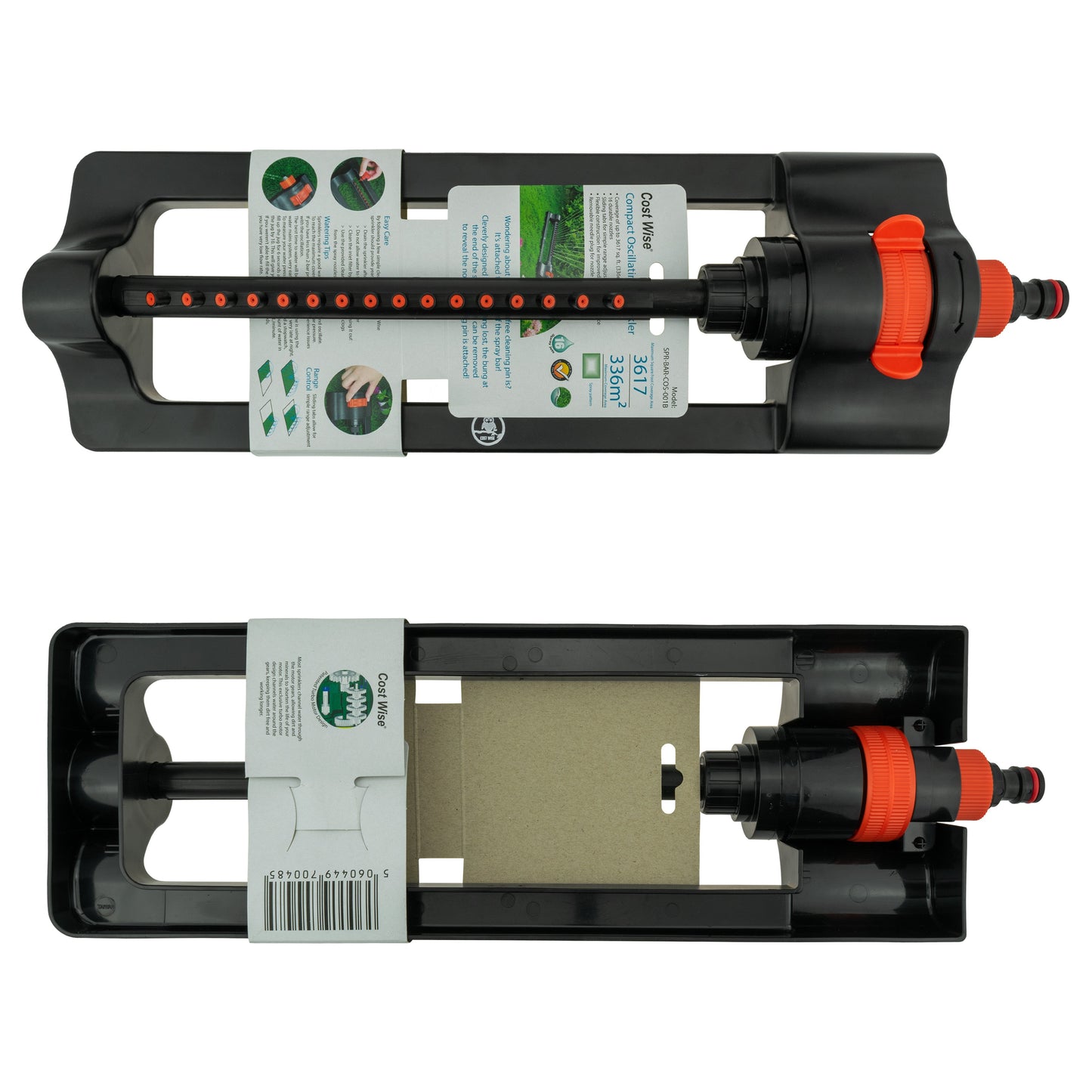 Black oscillating sprinkler with orange dial; front view with label stickers visible.