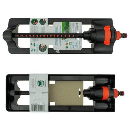 Black oscillating sprinkler with orange dial; front view with label stickers visible.