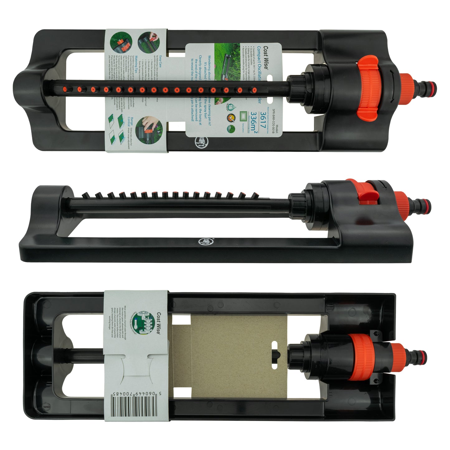 Black oscillating sprinkler and open housing; orange dial and outlet ports visible.