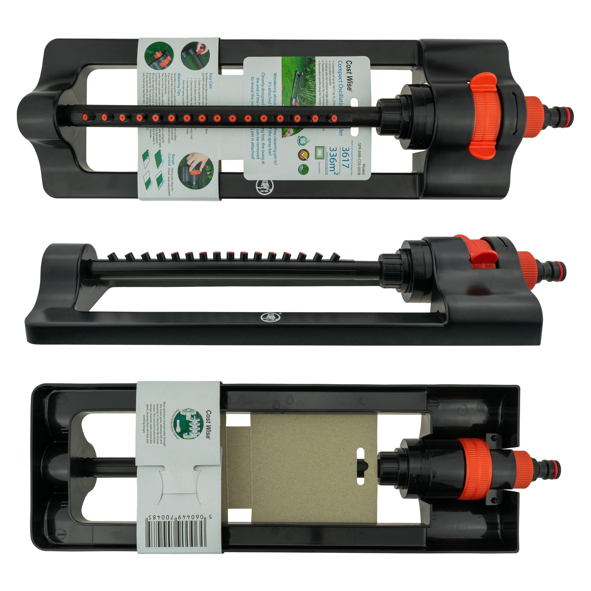 Black oscillating sprinkler and open housing; orange dial and outlet ports visible.